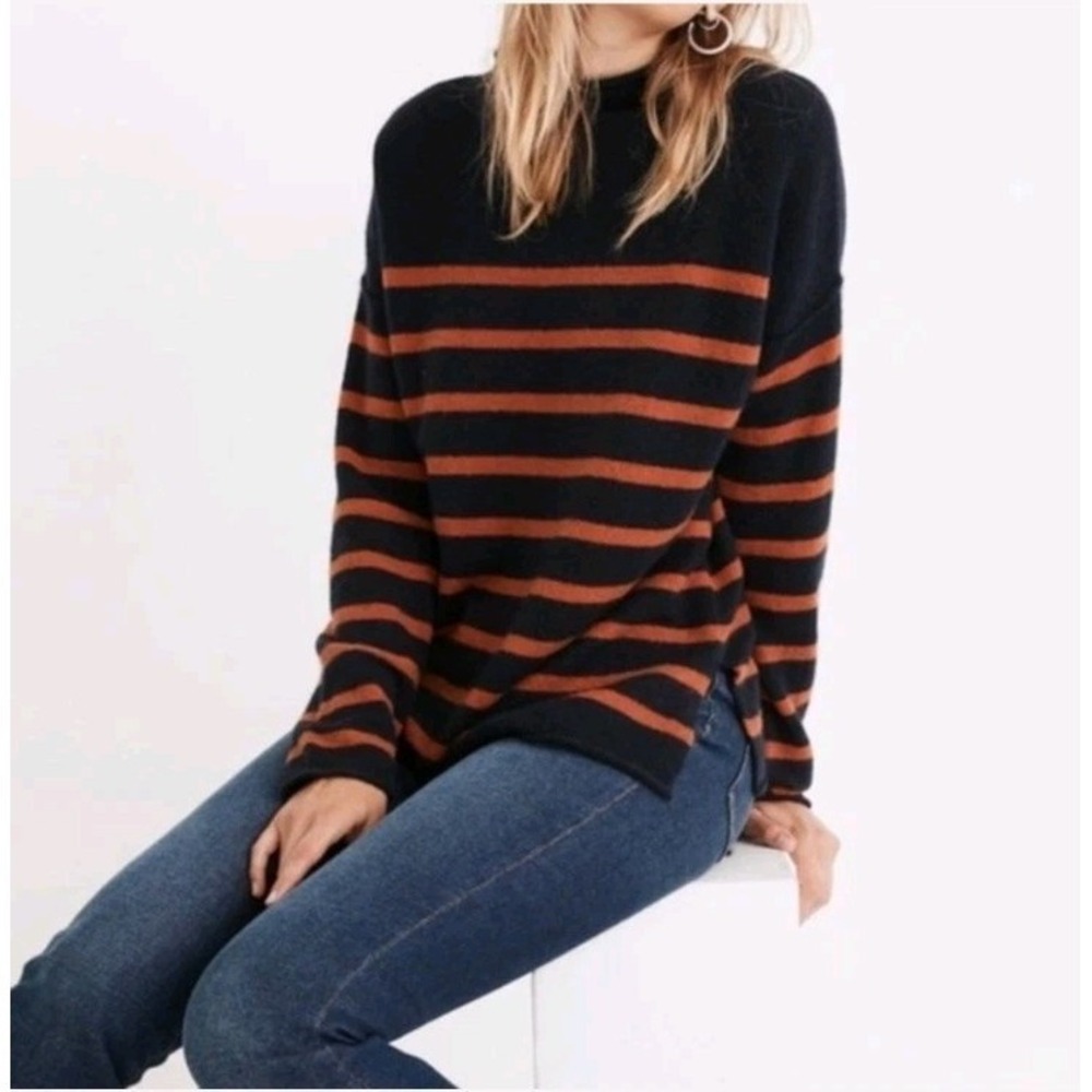 Madewell Stripe Willow Mock Neck Tunic Wool Angoraβ Size LG Navy Orange